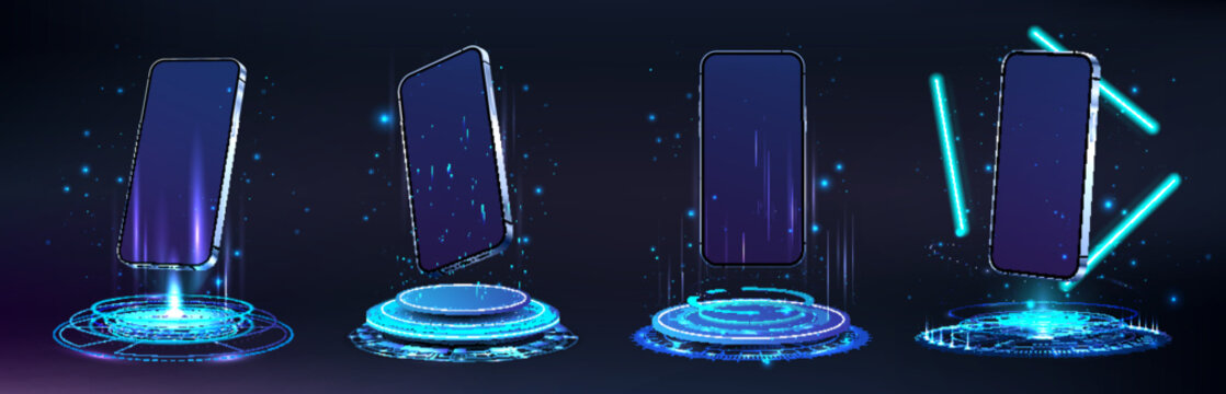 Futuristic holograms and podiums with 3D mobile phones. Mockups smartphone in lab with blank screen. 3D realistic mobile phones levitation in hologram. Futuristic portal and phones, Hi-tech. Vector
