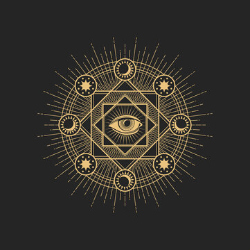 Esoteric occult symbol vector Eye of Providence inside of circle with star, sun, moon around. Spiritual mason sign or tarot cards symbol, isolated amulet, tattoo