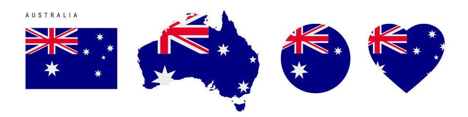 Fototapeta na wymiar Australia flag icon set. Australian pennant in official colors and proportions. Rectangular, map-shaped, circle and heart-shaped. Flat vector illustration isolated on white.