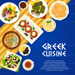 Greek cuisine vector menu cover. Honey cookies melomakarona, spaghetti with keftedes or octopus salad htapodi xidato. Grilled vegetables with cheese, yogurt honey dessert with walnuts food of Greece