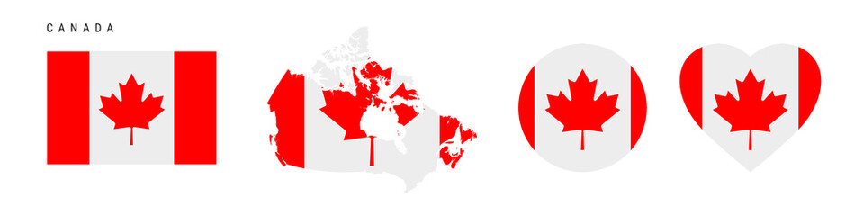 Fototapeta na wymiar Canada flag icon set. Canadian pennant in official colors and proportions. Rectangular, map-shaped, circle and heart-shaped. Flat vector illustration isolated on white.