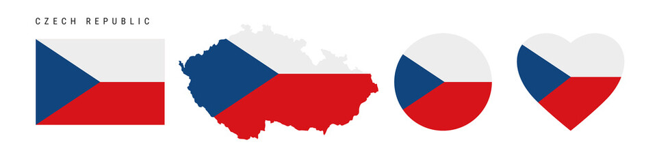 Obraz premium Czech Republic flag icon set. Czechia pennant in official colors and proportions. Rectangular, map-shaped, circle and heart-shaped. Flat vector illustration isolated on white.