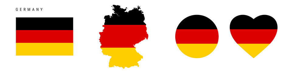 Germany flag icon set. German pennant in official colors and proportions. Rectangular, map-shaped, circle and heart-shaped. Flat vector illustration isolated on white.