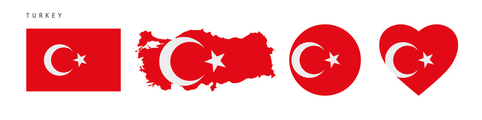 Turkey flag icon set. Turkish pennant in official colors and proportions. Rectangular, map-shaped, circle and heart-shaped. Flat vector illustration isolated on white.