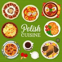 Polish cuisine menu cover design template. Carp fish with spice sauce, soup Bialy Barszcz and rolls Golabki, sauerkraut meat stew bigos, polish coffee and Babka cake, dumplings Kopytka, pork schnitzel