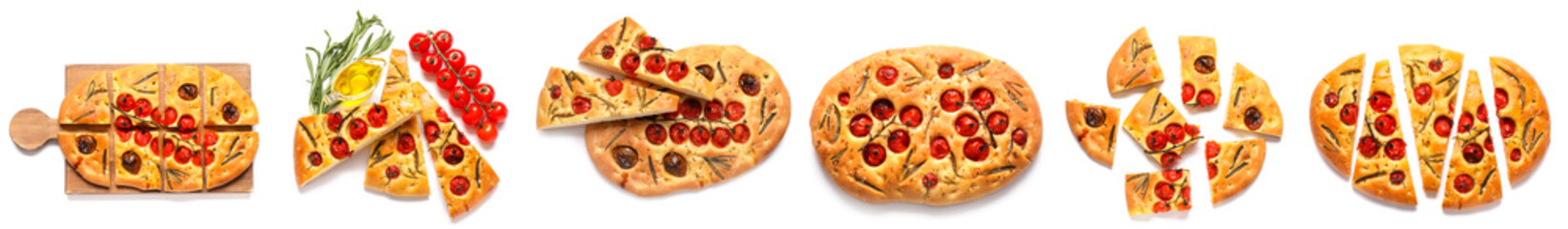 Set of traditional Italian focaccia on white background