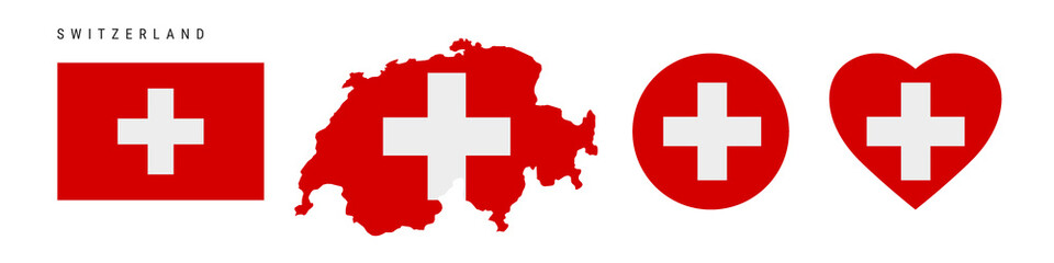 Switzerland flag icon set. Swiss pennant in official colors and proportions. Rectangular, map-shaped, circle and heart-shaped. Flat vector illustration isolated on white.