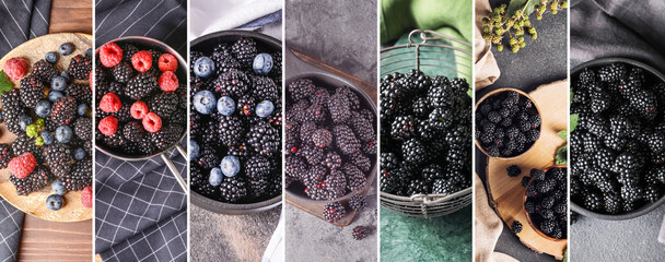 Collage of fresh blackberry on table, closeup