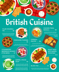 British cuisine food menu page. Plum crumble pie, yorkshire pudding and beef with baked potatoes, chicken Tikka Masala, Sorrel cream soup and cornish pastry, black tea, strawberry dessert Eton Mess - obrazy, fototapety, plakaty