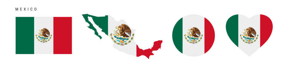 Mexico flag icon set. Mexican pennant in official colors and proportions. Rectangular, map-shaped, circle and heart-shaped. Flat vector illustration isolated on white.