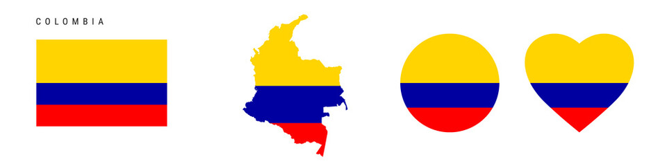 Colombia flag icon set. Colombian pennant in official colors and proportions. Rectangular, map-shaped, circle and heart-shaped. Flat vector illustration isolated on white.