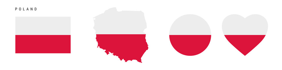 Poland flag icon set. Polish pennant in official colors and proportions. Rectangular, map-shaped, circle and heart-shaped. Flat vector illustration isolated on white.