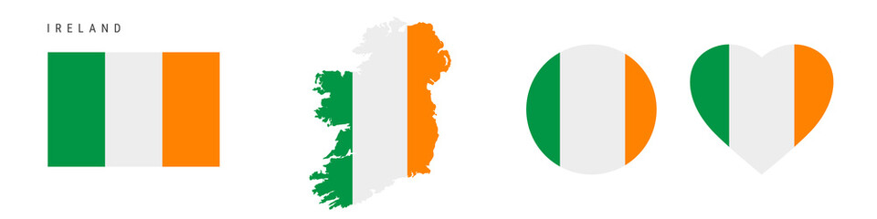 Ireland flag icon set. Irish pennant in official colors and proportions. Rectangular, map-shaped, circle and heart-shaped. Flat vector illustration isolated on white.
