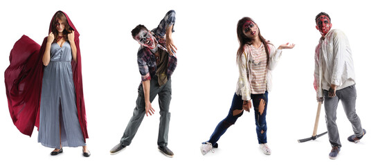 Set of scary zombies isolated on white