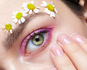 Closeup macro shot of human female eye with pink eyes shadows