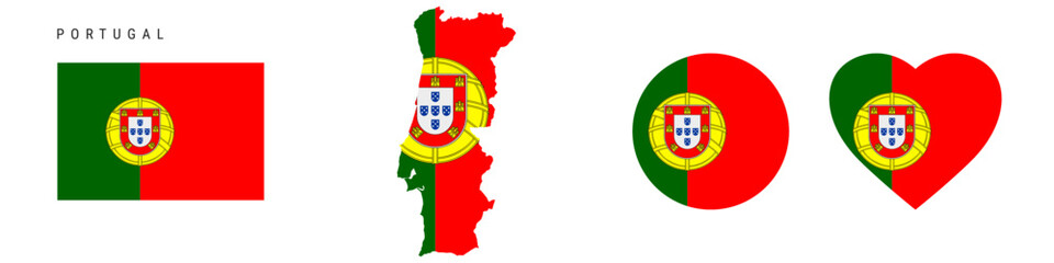Portugal flag icon set. Portuguese pennant in official colors and proportions. Rectangular, map-shaped, circle and heart-shaped. Flat vector illustration isolated on white.