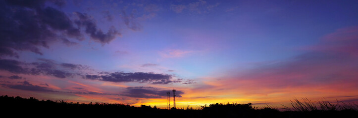 Panorama twilight sky and cloud background, Beautiful sunset sky above clouds with dramatic light