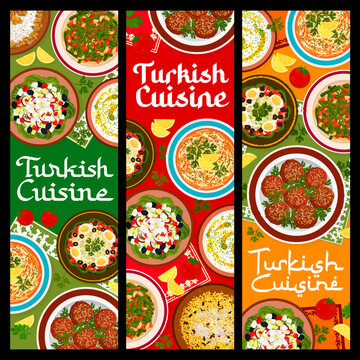 Turkish cuisine restaurant meals banners. Shepherd salad, chicken pilaf and green bean stew, grilled eggplant salad Baba ganoush, Circassian chicken and vermicelli soup, sauce Tarator, bulgur Kofte