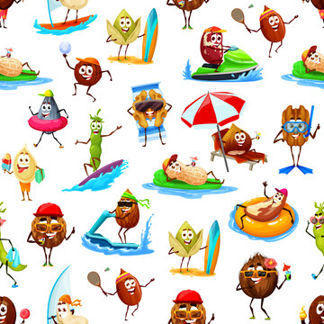 Cartoon nuts and beans on summer vacation seamless pattern. Textile summer print or vector wallpaper with pistachio, macadamia, coconut and almond, walnut, cashew nuts and seeds cheerful characters