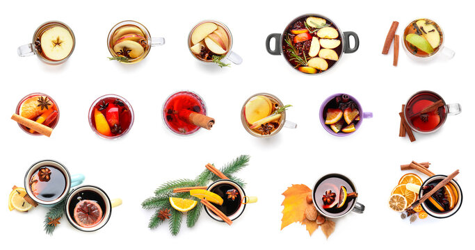 Set Of Delicious Mulled Wine Isolated On White, Top View