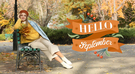 Pretty woman with fallen leaves sitting on bench in autumn park. Hello September