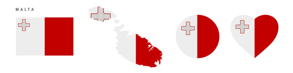 Malta flag icon set. Maltese pennant in official colors and proportions. Rectangular, map-shaped, circle and heart-shaped. Flat vector illustration isolated on white.