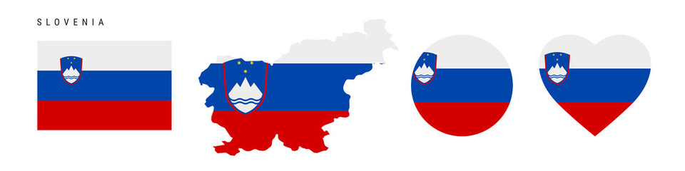 Slovenia flag icon set. Slovenian pennant in official colors and proportions. Rectangular, map-shaped, circle and heart-shaped. Flat vector illustration isolated on white.