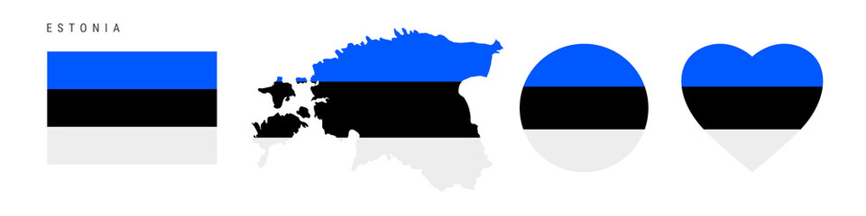 Estonia flag icon set. Estonian pennant in official colors and proportions. Rectangular, map-shaped, circle and heart-shaped. Flat vector illustration isolated on white.