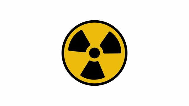 Animated radiation spinning around. Nuclear sign symbol rotate around isolated on white background. Yellow radioactive sign rotates on a white background. Motion graphics