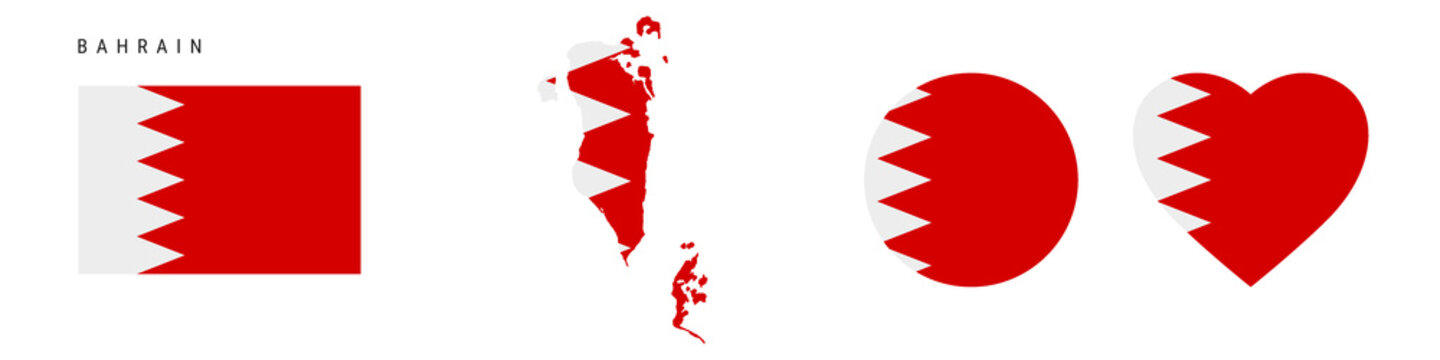 Bahrain flag icon set. Bahraini pennant in official colors and proportions. Rectangular, map-shaped, circle and heart-shaped. Flat vector illustration isolated on white.