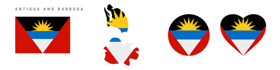 Antigua and Barbuda flag icon set. Antiguan Barbudan pennant in official colors and proportions. Rectangular, map-shaped, circle and heart-shaped. Flat vector illustration isolated on white.