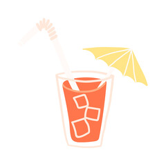 Orange lemonade glass with a paper umbrella and straw, refreshing citrus iced beverage, cold homemade or organic drink.