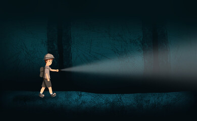 A young explorer with a flashlight is exploring a dark cave. Digital art style. illustration painting