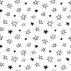Seamless pattern with cartoon stars. Hand drawn vector seamless star pattern. Modern geometric ornament with space motif. Monochrome randomly abstract texture with simple elements. 