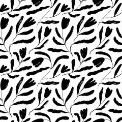 Seamless pattern with abstract tulips. Hand-drawn naive and infantile style of flowers. Vector black silhouettes of tulips on a thin stems. Contemporary floral ornament with brush stroke texture. 