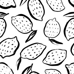 Doodle lemon seamless pattern. Hand drawn black linear lemons. Decorative background with citrus fruits hand-drawn with a brush. Summer textile design. Doodle simple fruits with dots and leaves. 