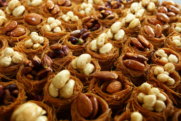 Traditional Turkish dessert 'Pistachio and hazelnut wrap kadayif' on the dessert plate.