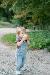 Cute little one-year old girl eats an apple outside in overalls