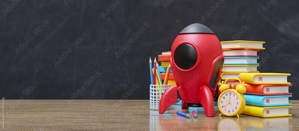 Poster red rocket with books and accessory on empty black chalkboard. can be used background of learning or