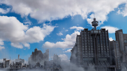 Constructivist Cityscape. Soviet Brutalist Buildings against a Cloudy Afternoon Sky.