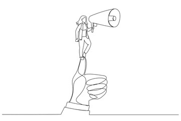 Cartoon of businesswoman holding a megaphone standing on a huge thumb, metaphor for leader speech. One line style art