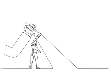 Drawing of big hand holding a flashlight uncovering hidden arrow sign for businesswoman. Single continuous line art