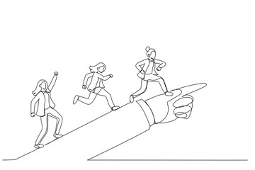 Drawing of businesswoman running forward looking for success in the way showed by giant hand of leader. Metaphor for directional leadership. Single continuous line art style