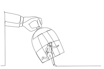 Cartoon of giant hand capturing a running businesswoman with birdcage. One line art style