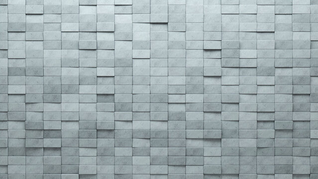 Rectangular, 3D Mosaic Tiles arranged in the shape of a wall. Semigloss, Futuristic, Blocks stacked to create a Concrete block background. 3D Render