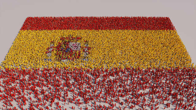 Aerial view of a Crowd of People, congregating to form the Flag of Spain. Spanish Banner on White Background.