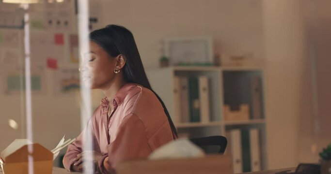 Woman, working late night and eating fast food ramen while making disgust and bad face expression. Upset business worker or hungry entrepreneur eating or tasting dinner during overtime at office desk
