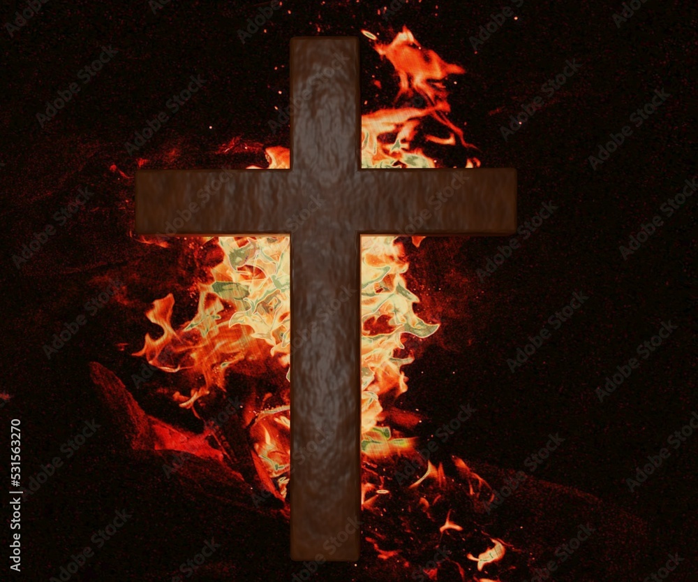Wall mural christian crucifix symbol with fire in the background 3d rendering - Wall murals