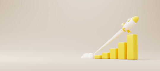 Growthing graph bar with rocket rising moving up. Start up business development to success and growing growth concept. 3d rendering illustration