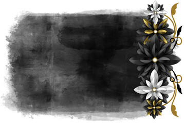 black watercolor strokes with tropical flower illustration